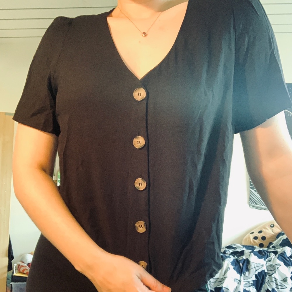 Short-Sleeve Black Button Up Black Crop Top